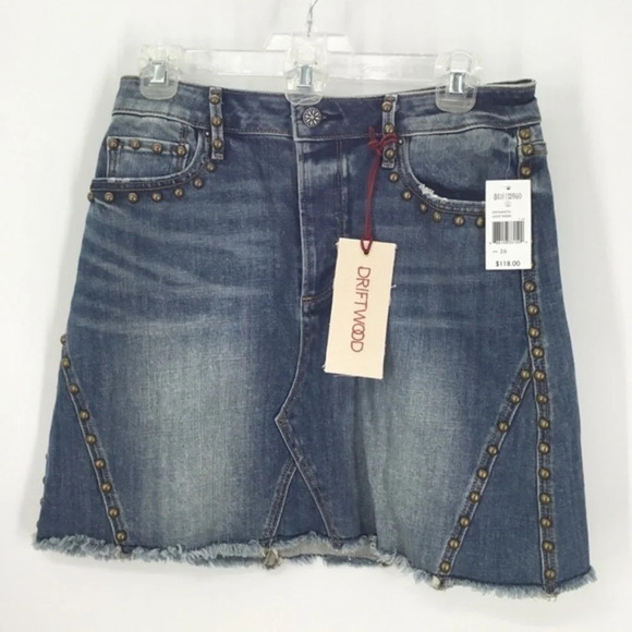 Driftwood Women’s Stef Frayed Hem Studded Denim Skirt NWT - Picture 2 of 9